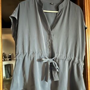 Womens Slate Blue Short Sleeve Button Front Tie-Waist Top